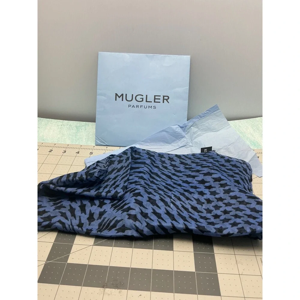Mugler Parfums Blue Black Star Print Sheer Square Scarf with Original Sleeve